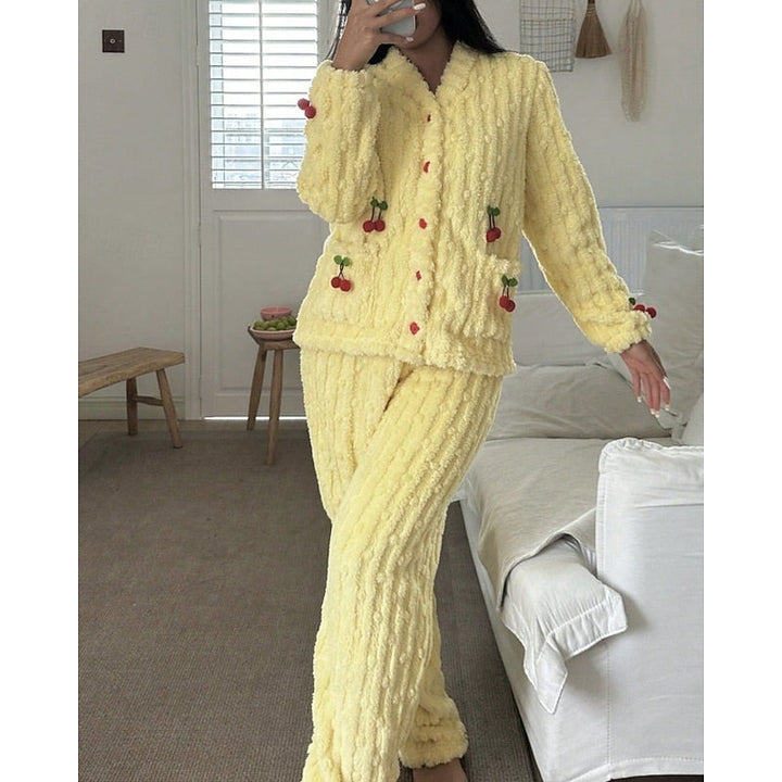 Winnifred | Women's Fuzzy Cherry Print Two-Piece Pajama Set