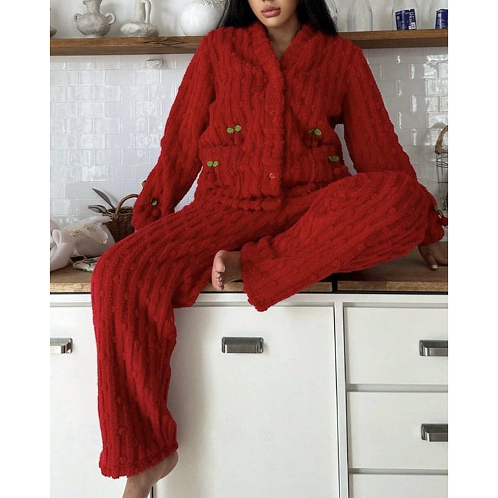Winnifred | Women's Fuzzy Cherry Print Two-Piece Pajama Set