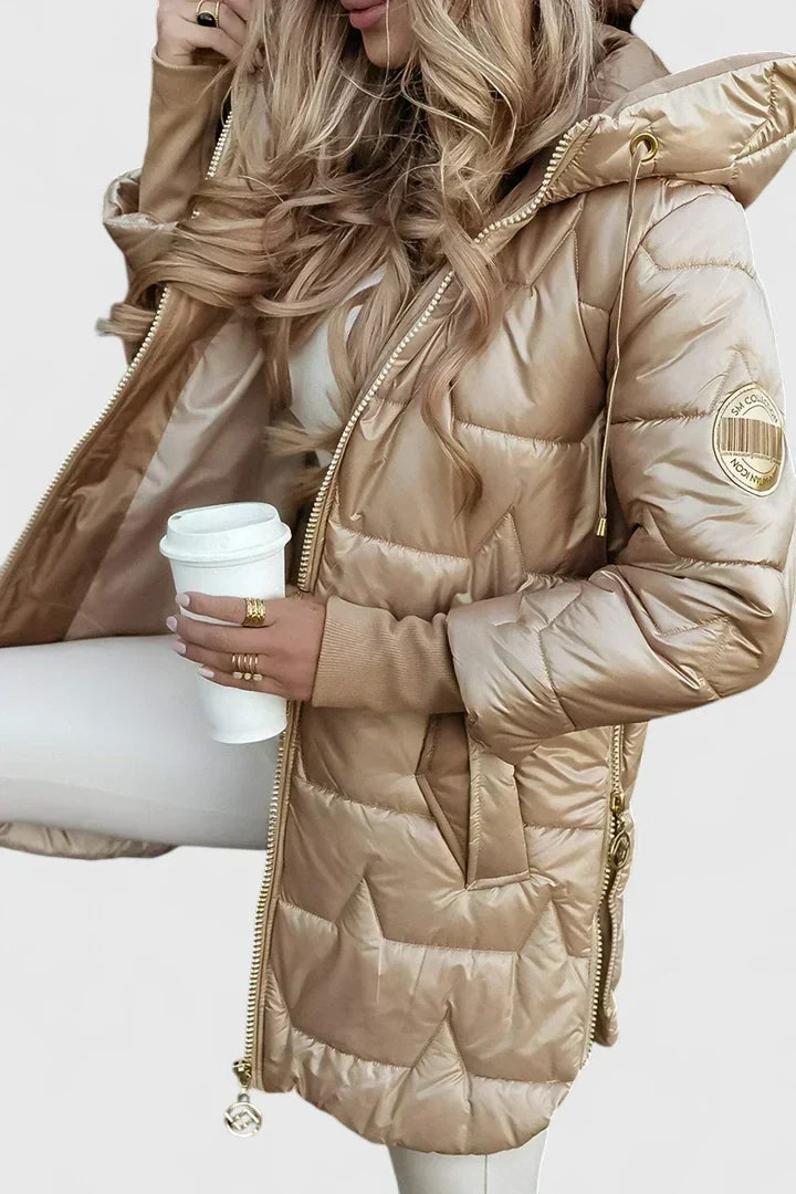 Lyzzandra | Women's Long Hooded Puffer Coat with Zip Front