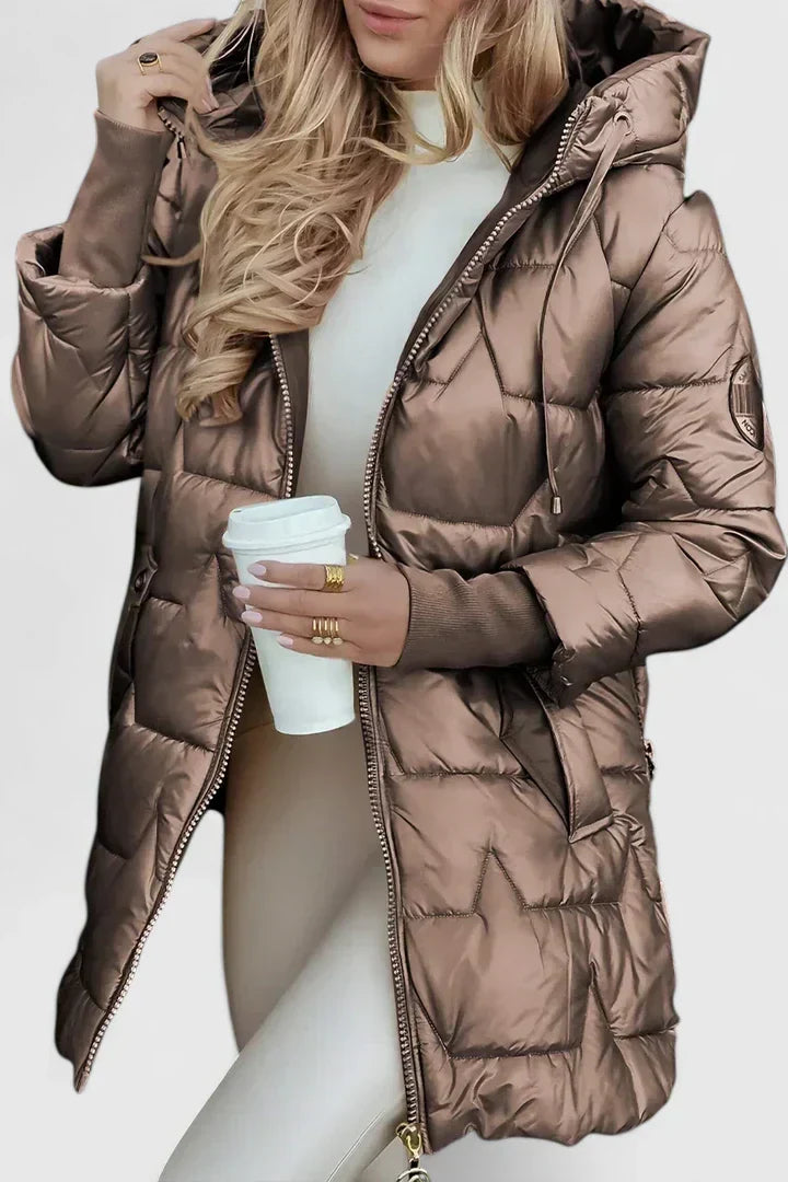 Lyzzandra | Women's Long Hooded Puffer Coat with Zip Front