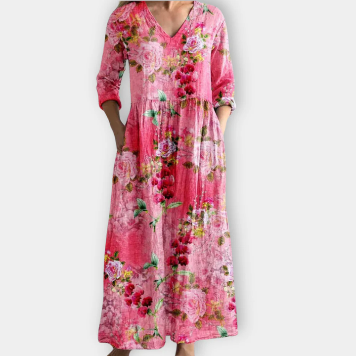Floral Cotton V Neck Three Quarter Sleeve Oversized Casual Maxi Dress