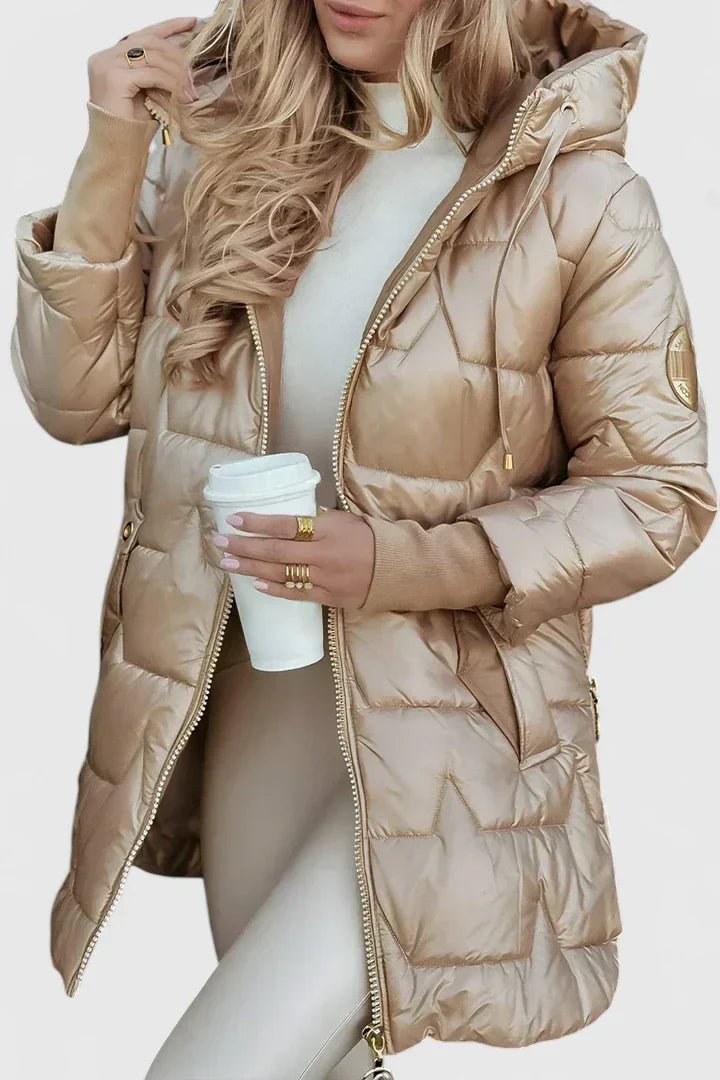 Lyzzandra | Women's Long Hooded Puffer Coat with Zip Front