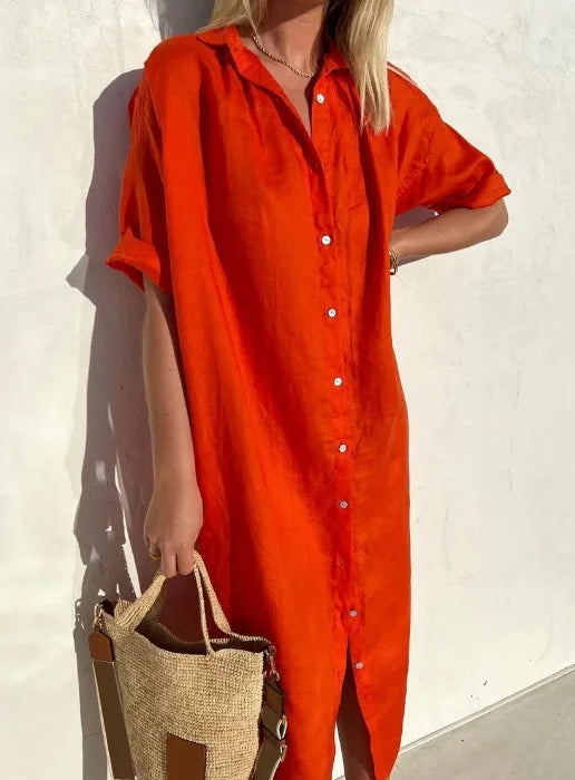 Oversized Button Down Short Sleeve Linen Shirt Midi Dress