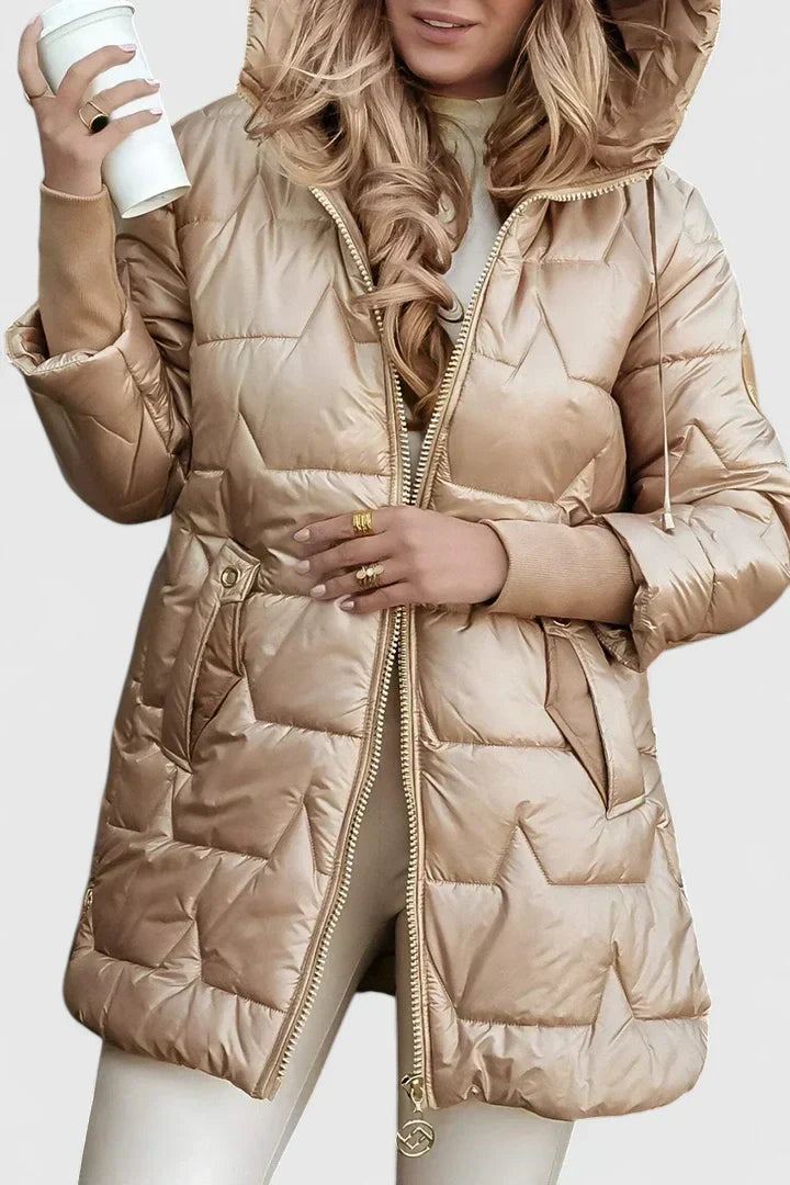 Lyzzandra | Women's Long Hooded Puffer Coat with Zip Front