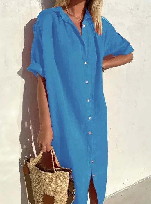 Oversized Button Down Short Sleeve Linen Shirt Midi Dress