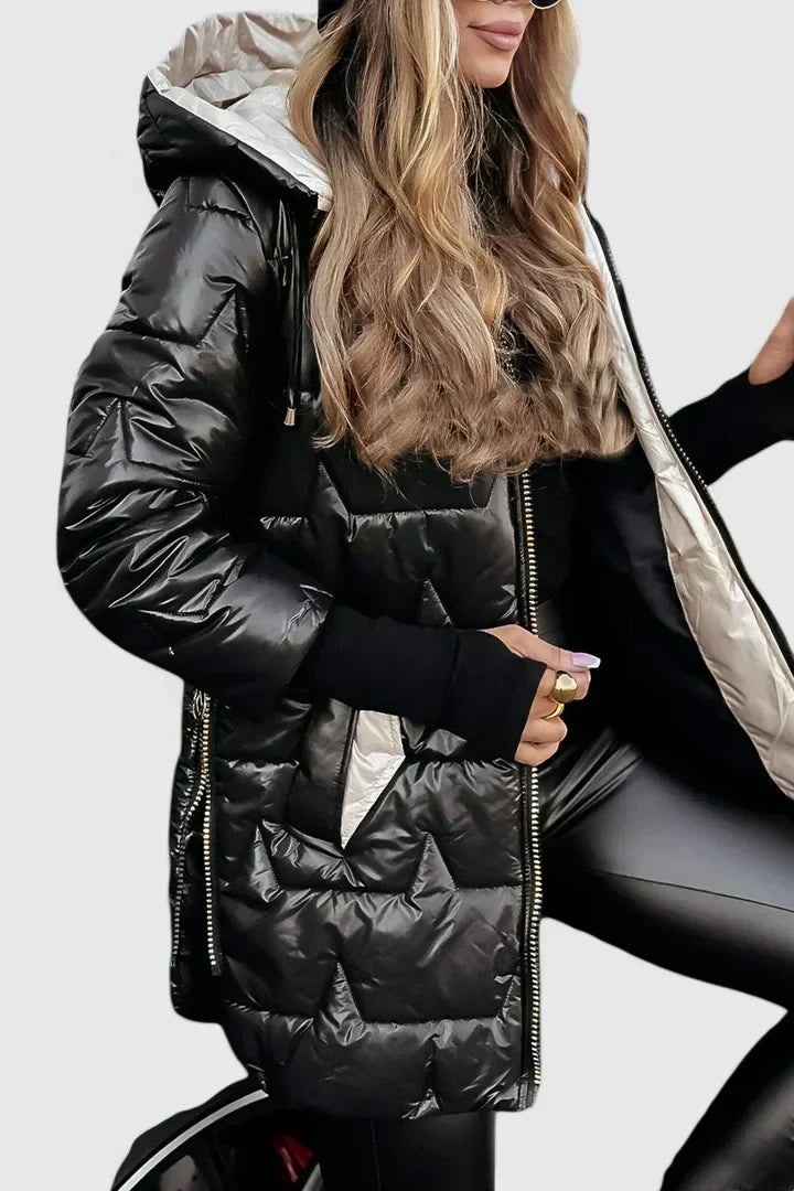 Lyzzandra | Women's Long Hooded Puffer Coat with Zip Front