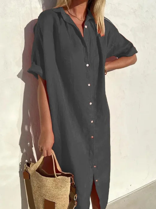 Oversized Button Down Short Sleeve Linen Shirt Midi Dress