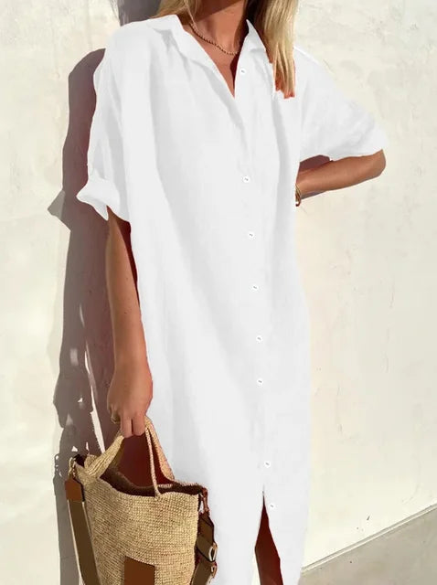 Oversized Button Down Short Sleeve Linen Shirt Midi Dress