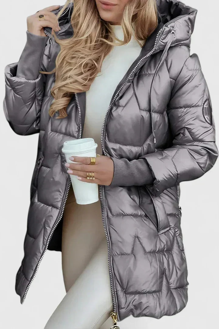 Lyzzandra | Women's Long Hooded Puffer Coat with Zip Front