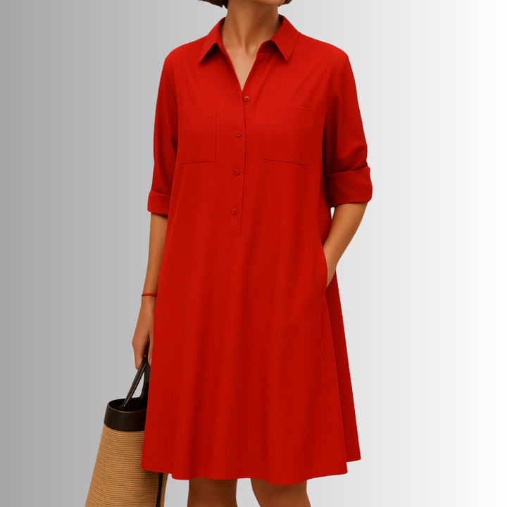 Half Button Collar Patch Pocket Swing Shirt Dress