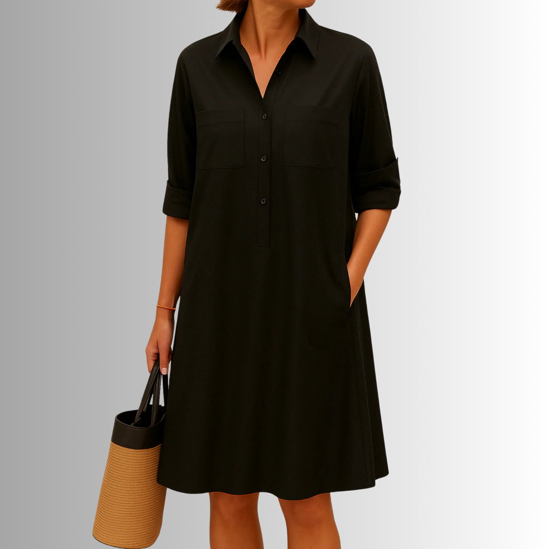 Half Button Collar Patch Pocket Swing Shirt Dress