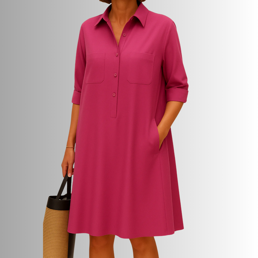 Half Button Collar Patch Pocket Swing Shirt Dress
