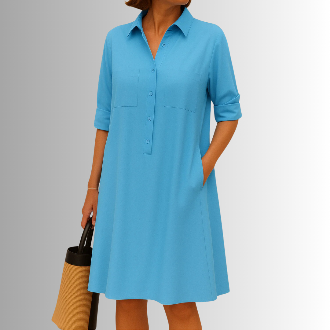 Half Button Collar Patch Pocket Swing Shirt Dress