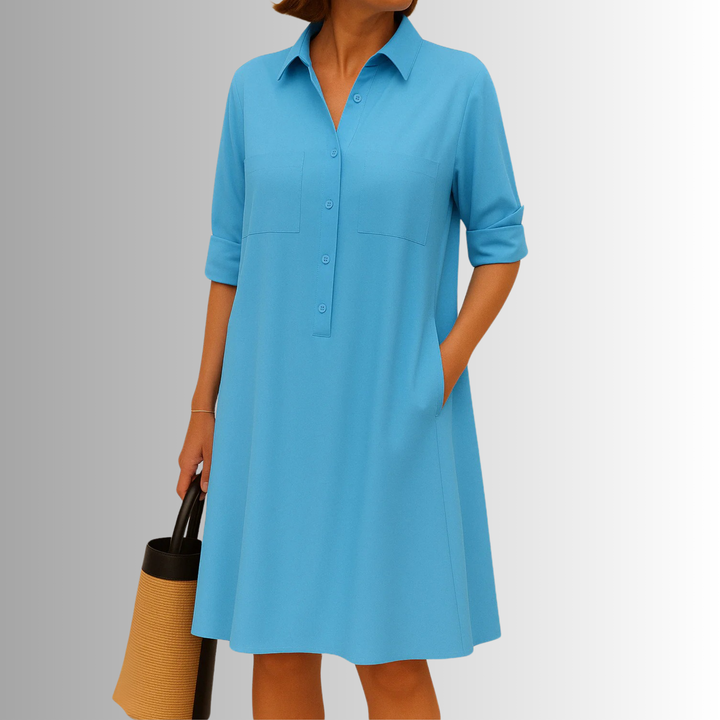 Half Button Collar Patch Pocket Swing Shirt Dress