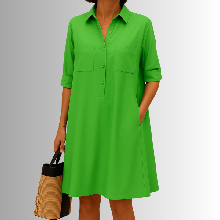 Half Button Collar Patch Pocket Swing Shirt Dress