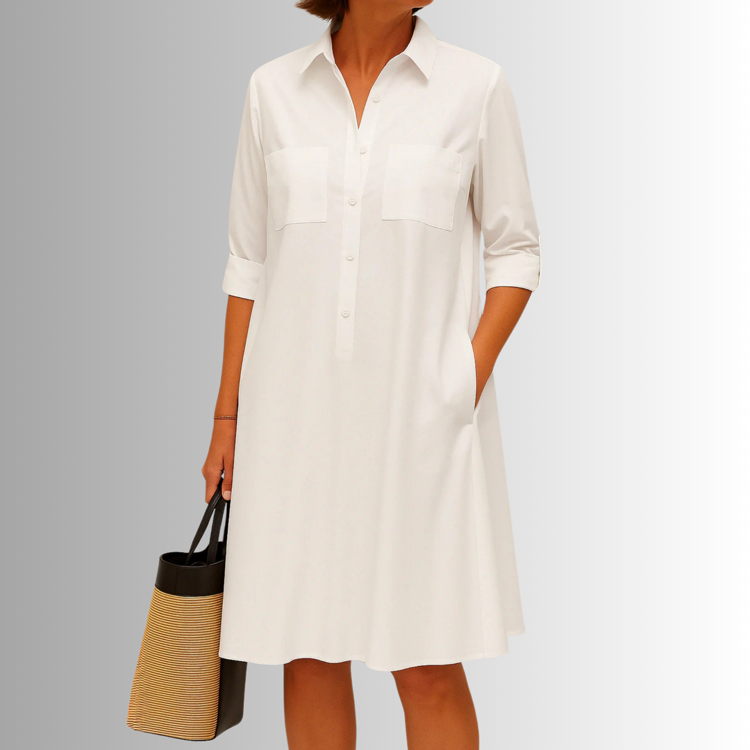Half Button Collar Patch Pocket Swing Shirt Dress