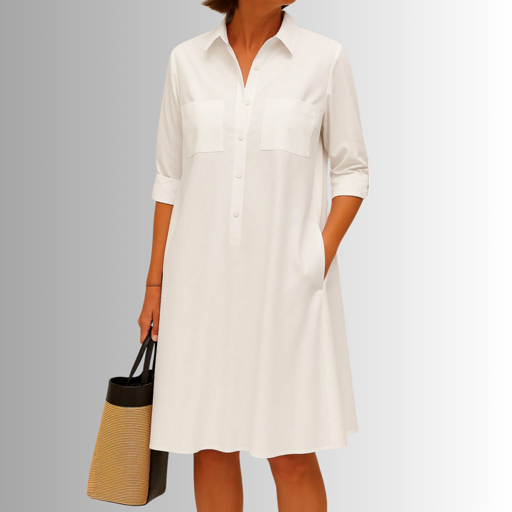Half Button Collar Patch Pocket Swing Shirt Dress