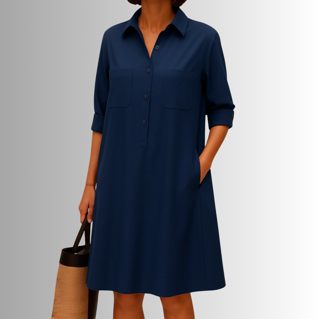 Half Button Collar Patch Pocket Swing Shirt Dress