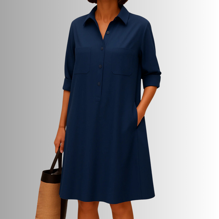 Half Button Collar Patch Pocket Swing Shirt Dress