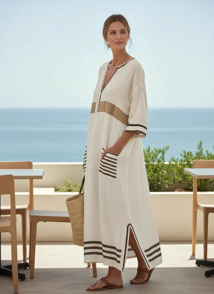 Striped Trim Linen Kaftan V-Neck Casual Maxi Dress