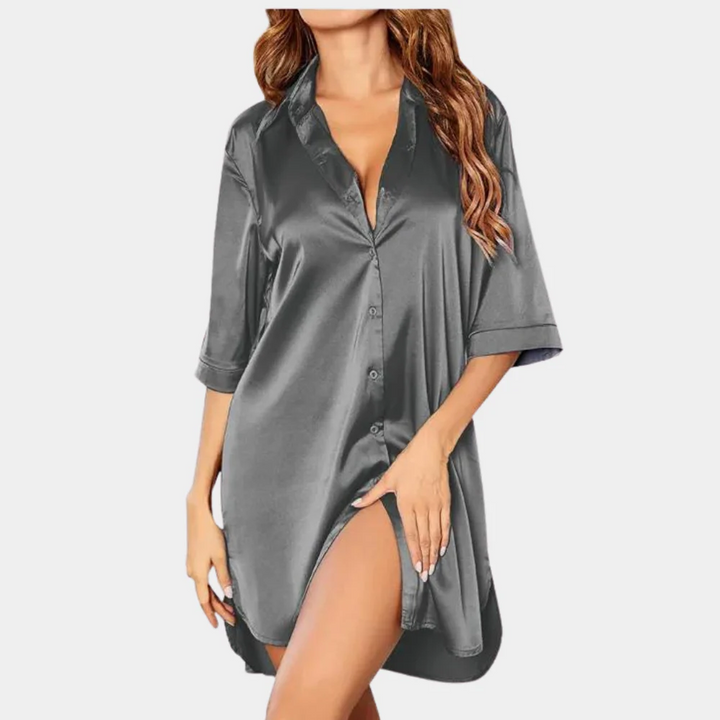 Satin Button Down Oversized Sleep Shirt Mini Dress