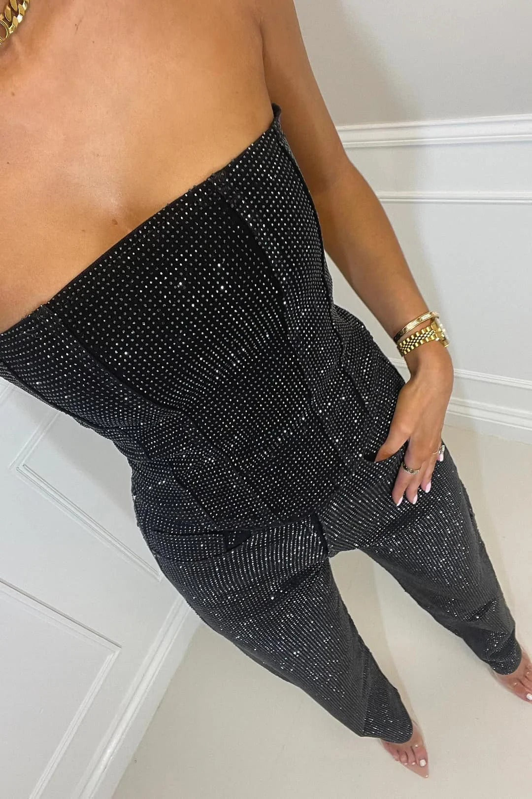 Sequin Strapless Bandeau Wide Leg Jumpsuit - Formal Evening Gown