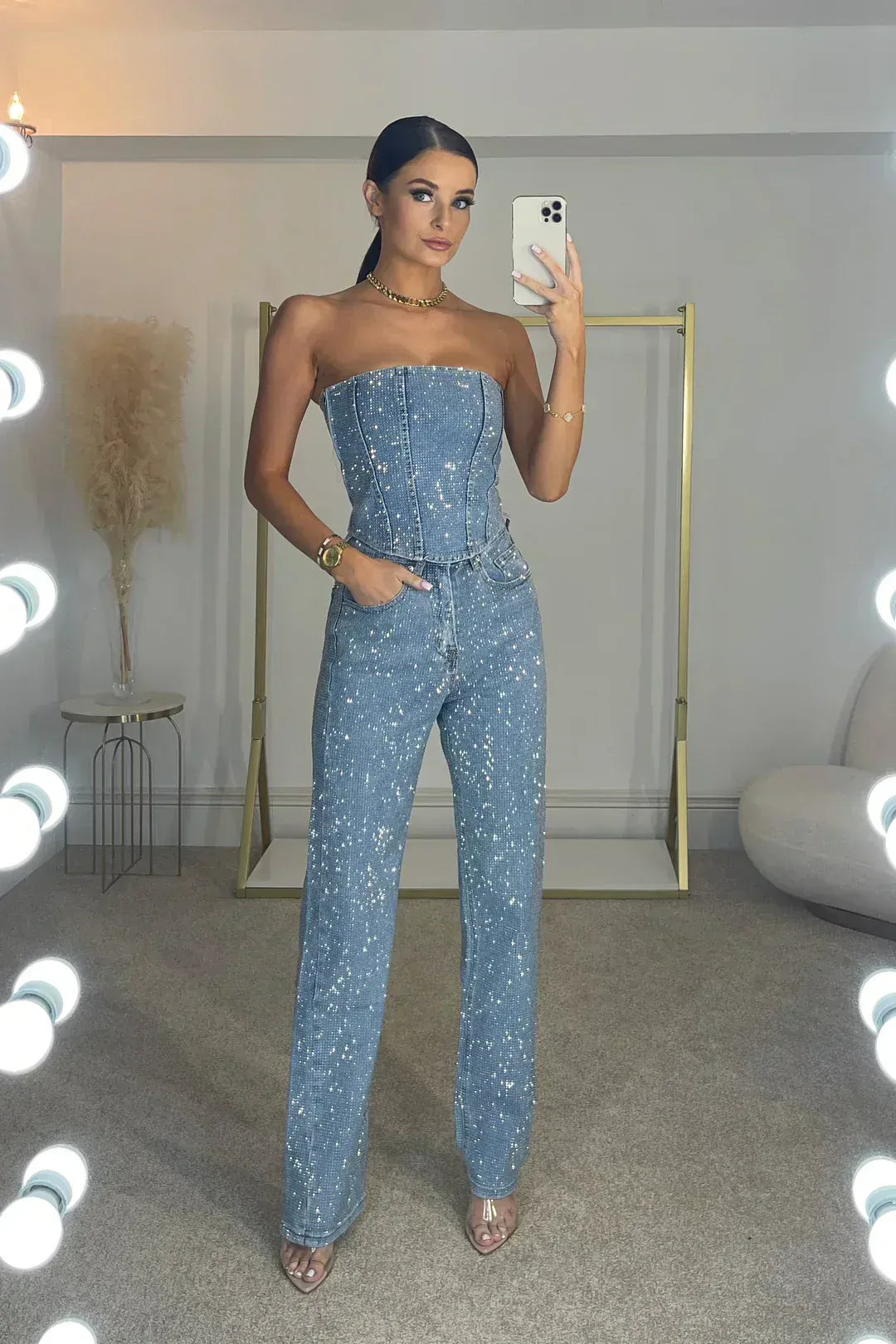 Sequin Strapless Bandeau Wide Leg Jumpsuit - Formal Evening Gown