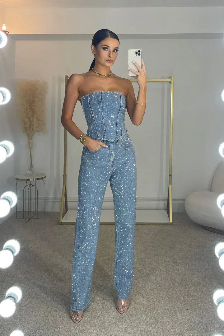Sequin Strapless Bandeau Wide Leg Jumpsuit - Formal Evening Gown