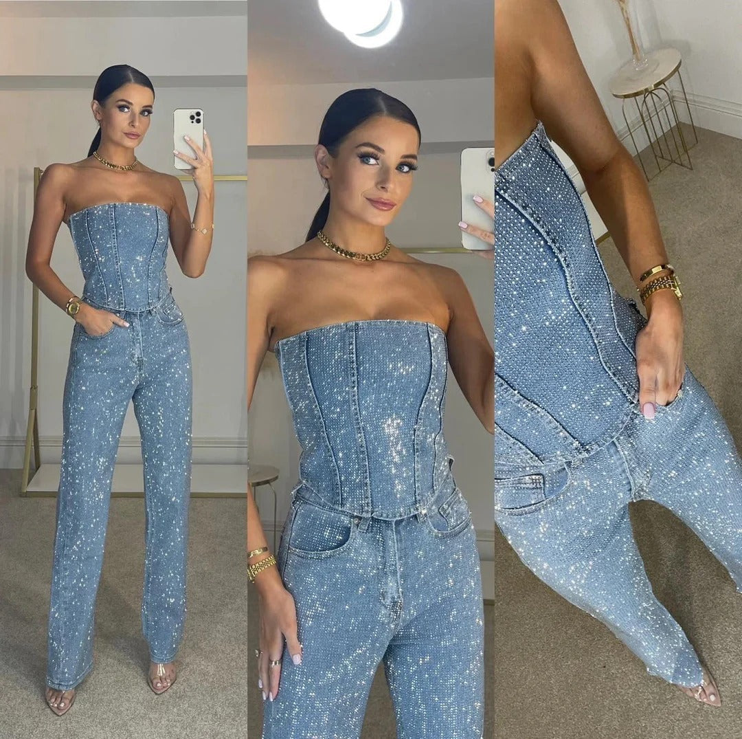 Sequin Strapless Bandeau Wide Leg Jumpsuit - Formal Evening Gown