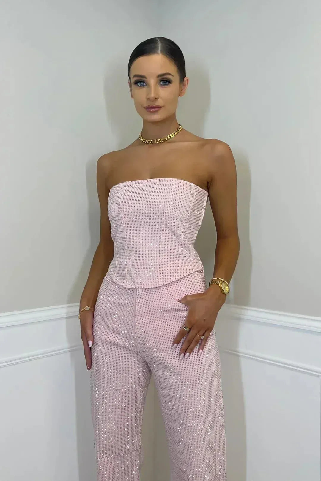 Sequin Strapless Bandeau Wide Leg Jumpsuit - Formal Evening Gown