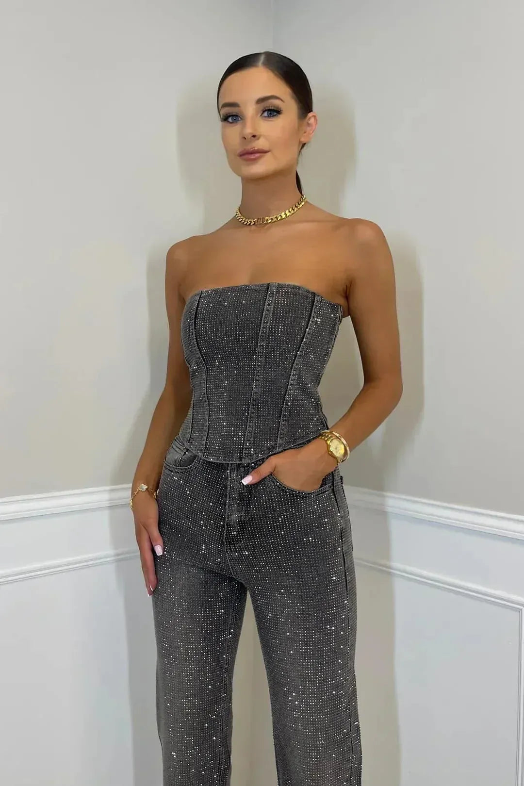 Sequin Strapless Bandeau Wide Leg Jumpsuit - Formal Evening Gown