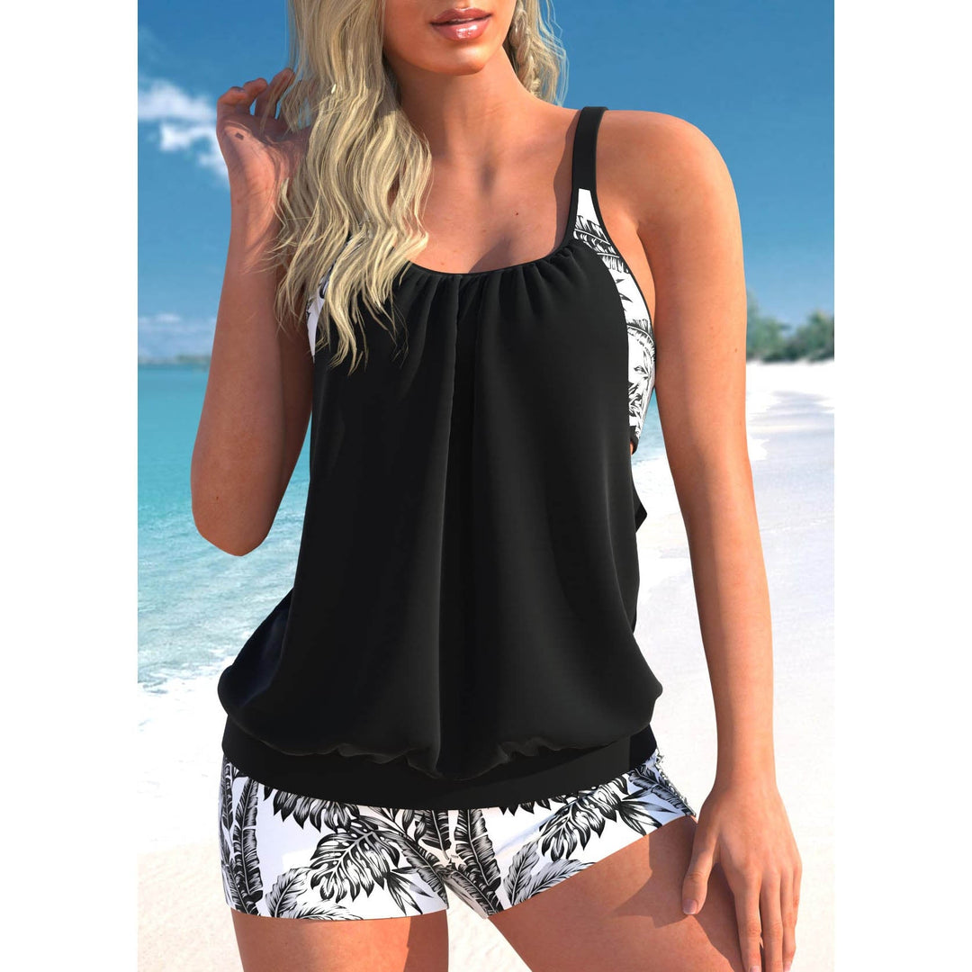Tropical Print Blouson Scoop Neck Tankini with Short