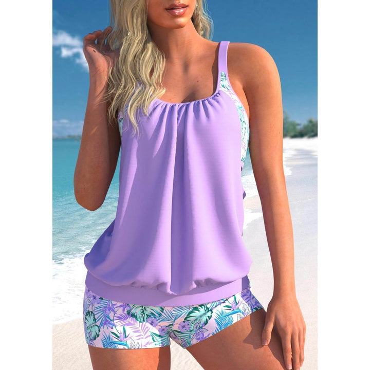 Tropical Print Blouson Scoop Neck Tankini with Short