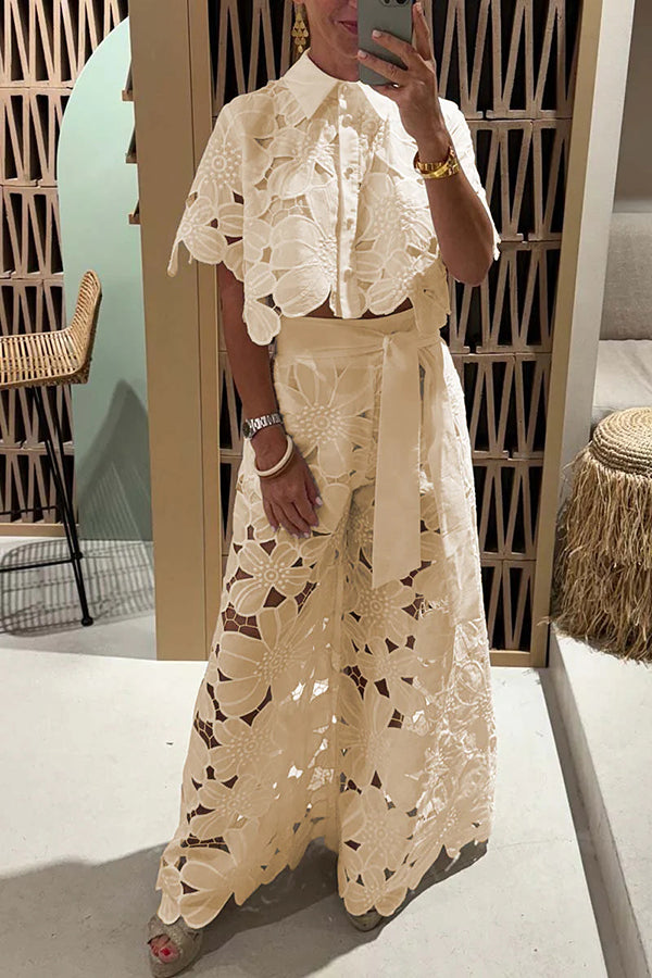 Floral Lace Cutout Cape Top Wide Leg Belted Two Piece Set