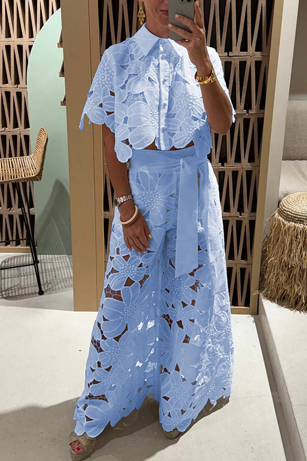 Floral Lace Cutout Cape Top Wide Leg Belted Two Piece Set