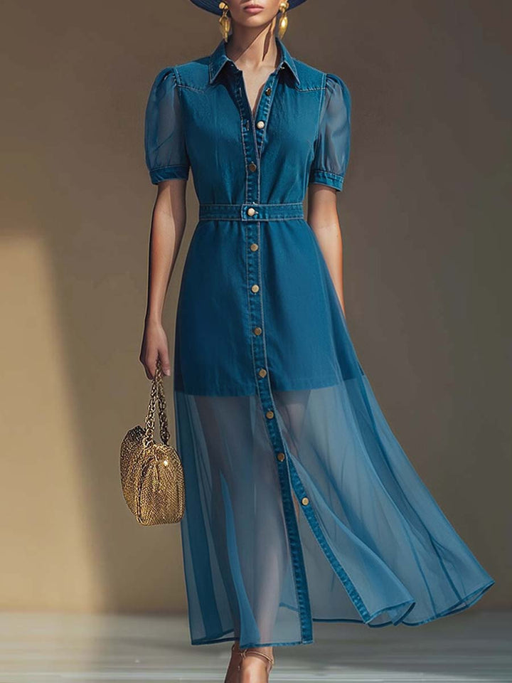 Puff Sleeve Denim Bodice Sheer Hem Button Front Maxi Dress