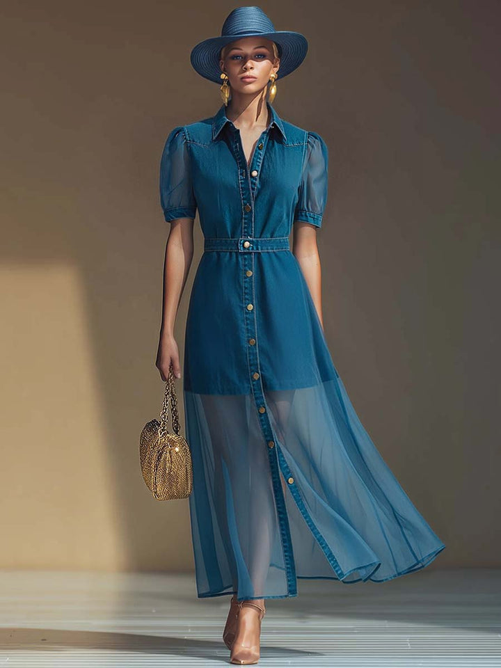 Puff Sleeve Denim Bodice Sheer Hem Button Front Maxi Dress