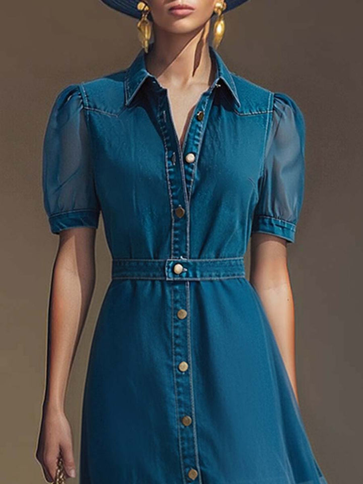 Puff Sleeve Denim Bodice Sheer Hem Button Front Maxi Dress