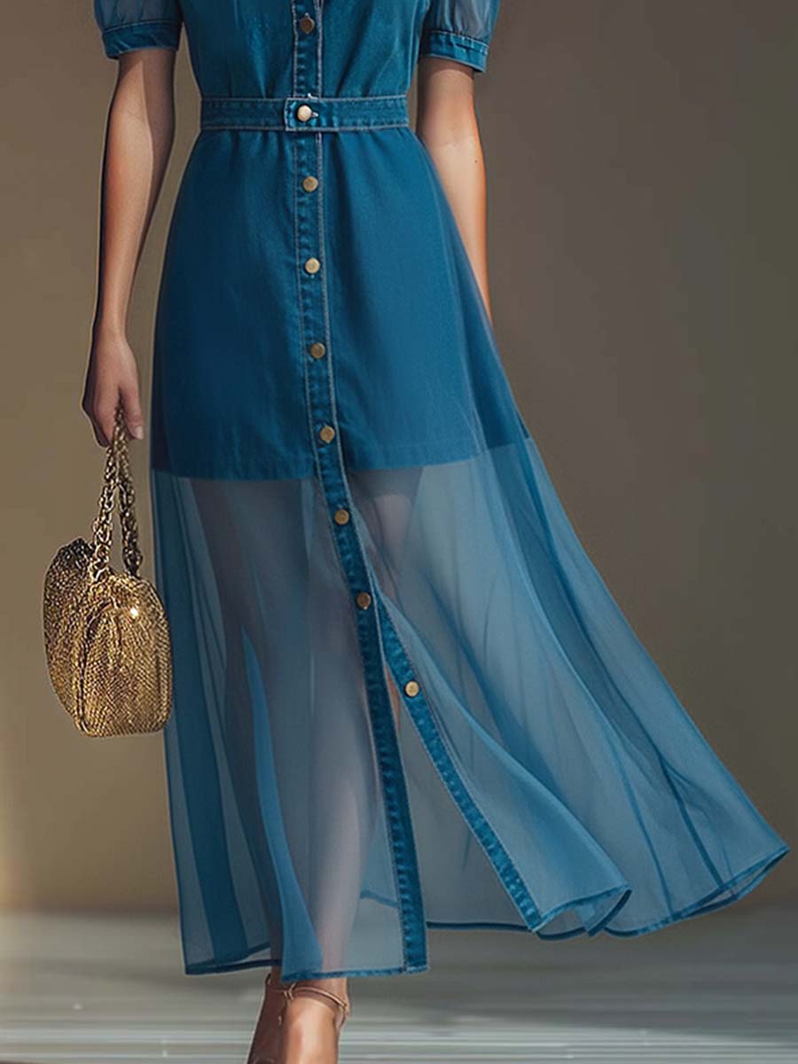 Puff Sleeve Denim Bodice Sheer Hem Button Front Maxi Dress