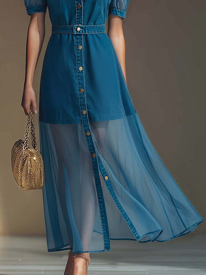 Puff Sleeve Denim Bodice Sheer Hem Button Front Maxi Dress