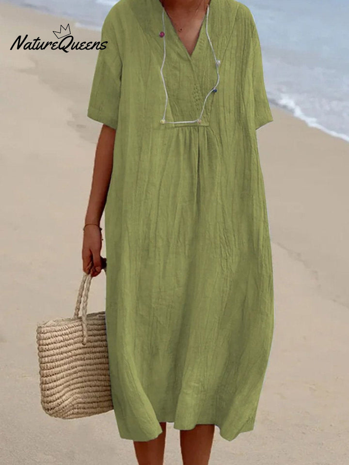 Harriet- Solid Color Cotton And Linen Short Sleeve Dress