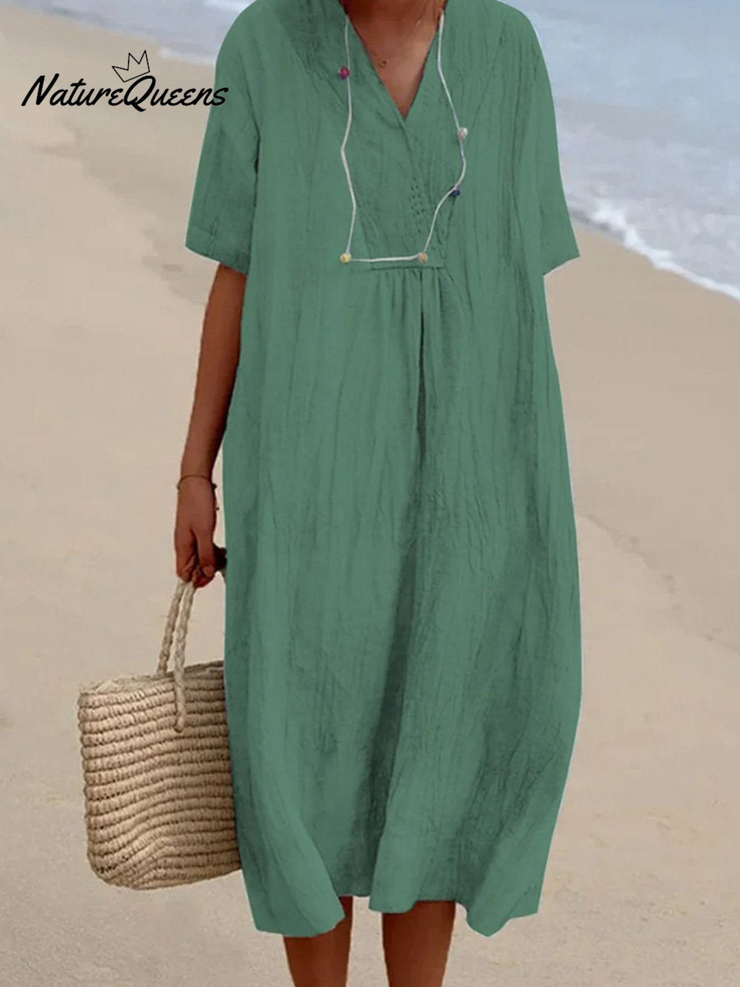 Harriet- Solid Color Cotton And Linen Short Sleeve Dress