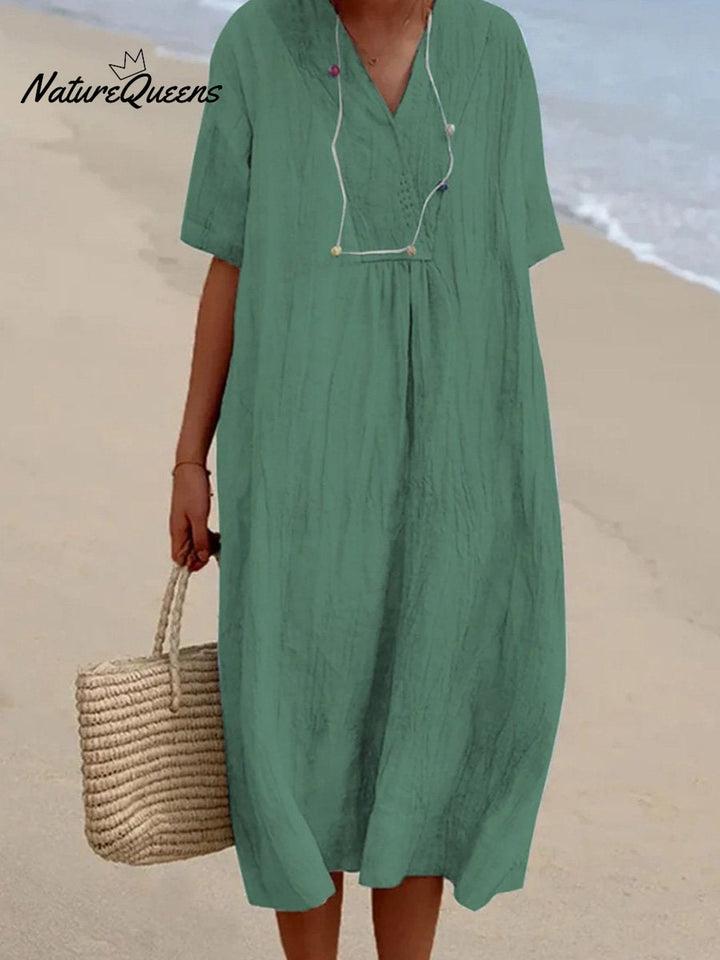 Harriet- Solid Color Cotton And Linen Short Sleeve Dress