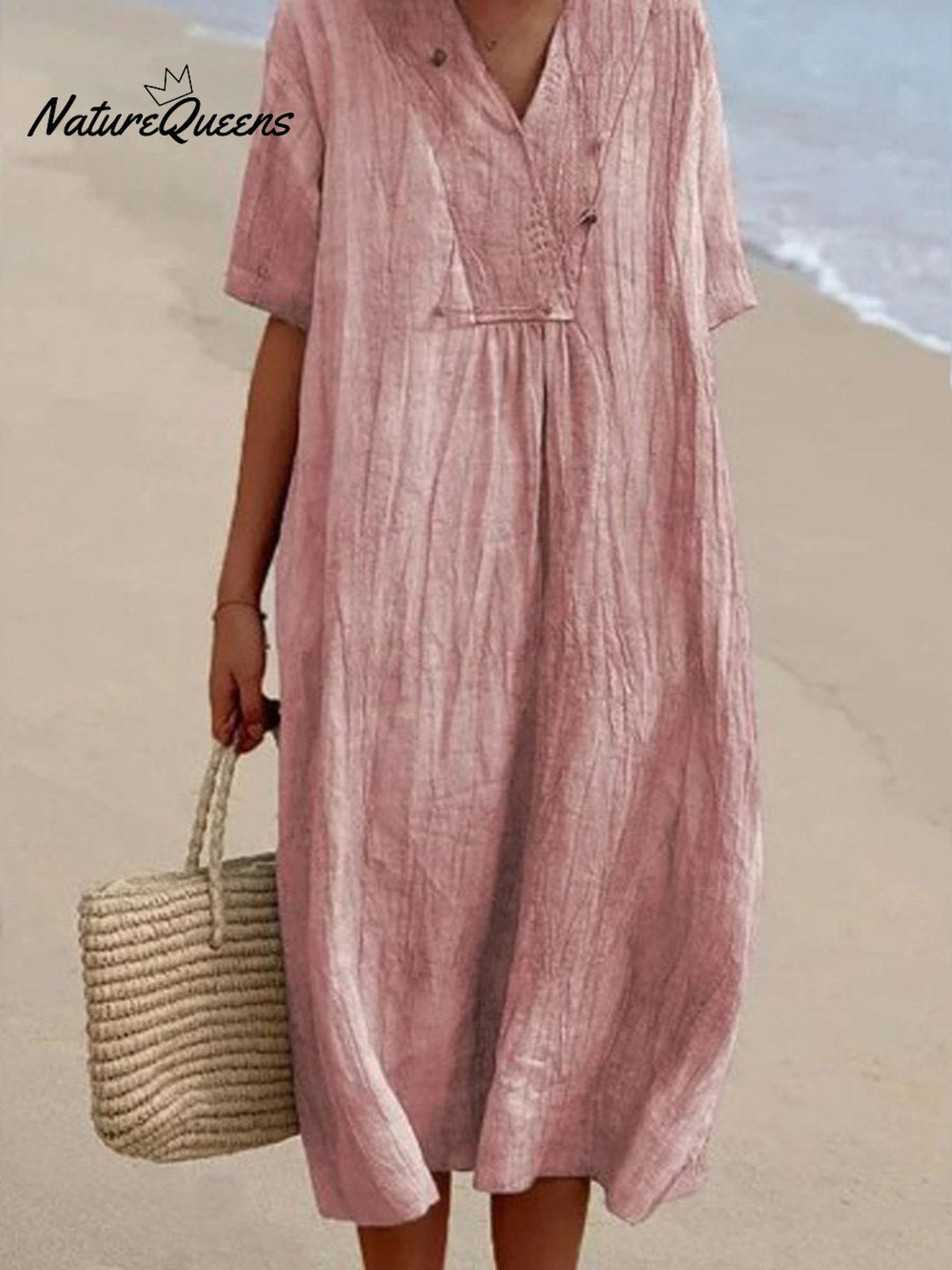 Harriet- Solid Color Cotton And Linen Short Sleeve Dress