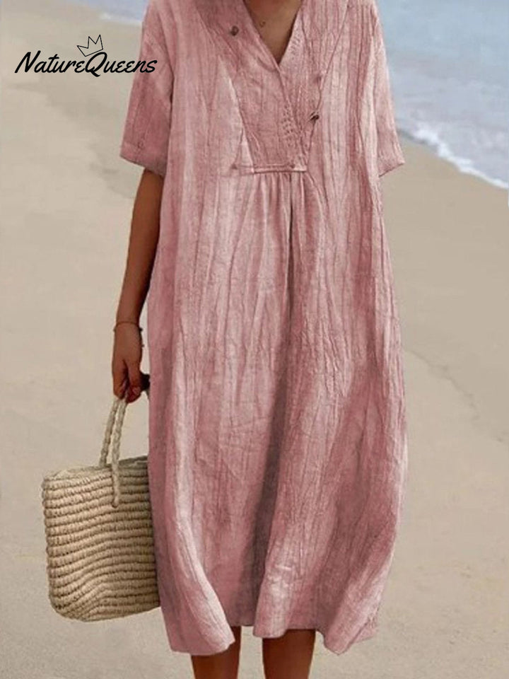 Harriet- Solid Color Cotton And Linen Short Sleeve Dress