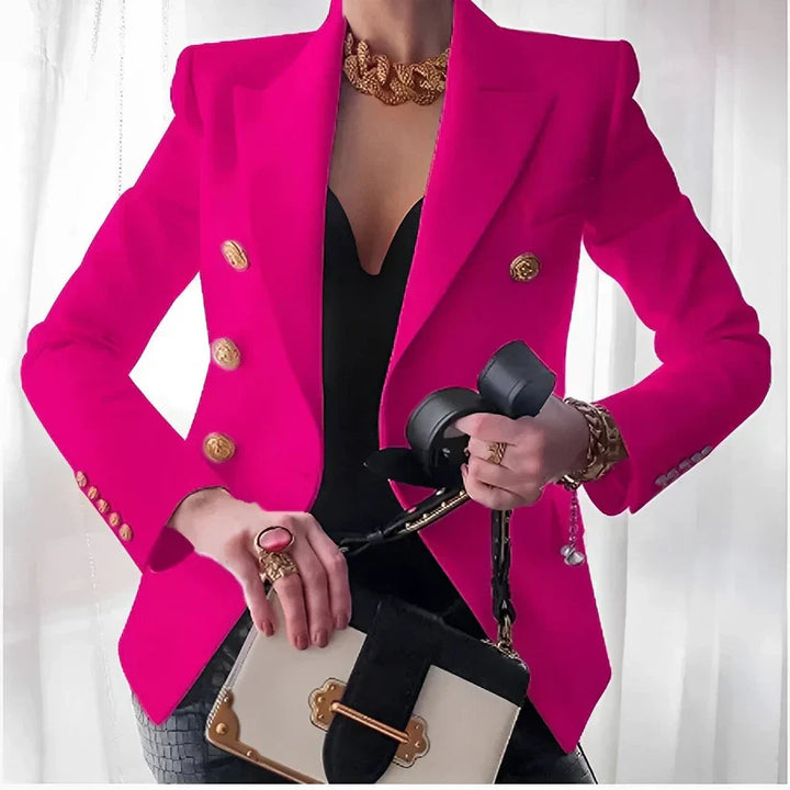 Gold Coin Button Double Breasted Peak Lapel Slim Fit Blazer