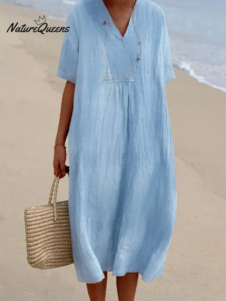 Harriet- Solid Color Cotton And Linen Short Sleeve Dress
