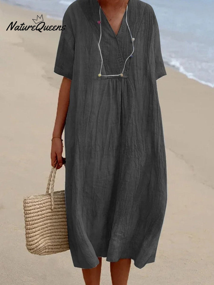 Harriet- Solid Color Cotton And Linen Short Sleeve Dress