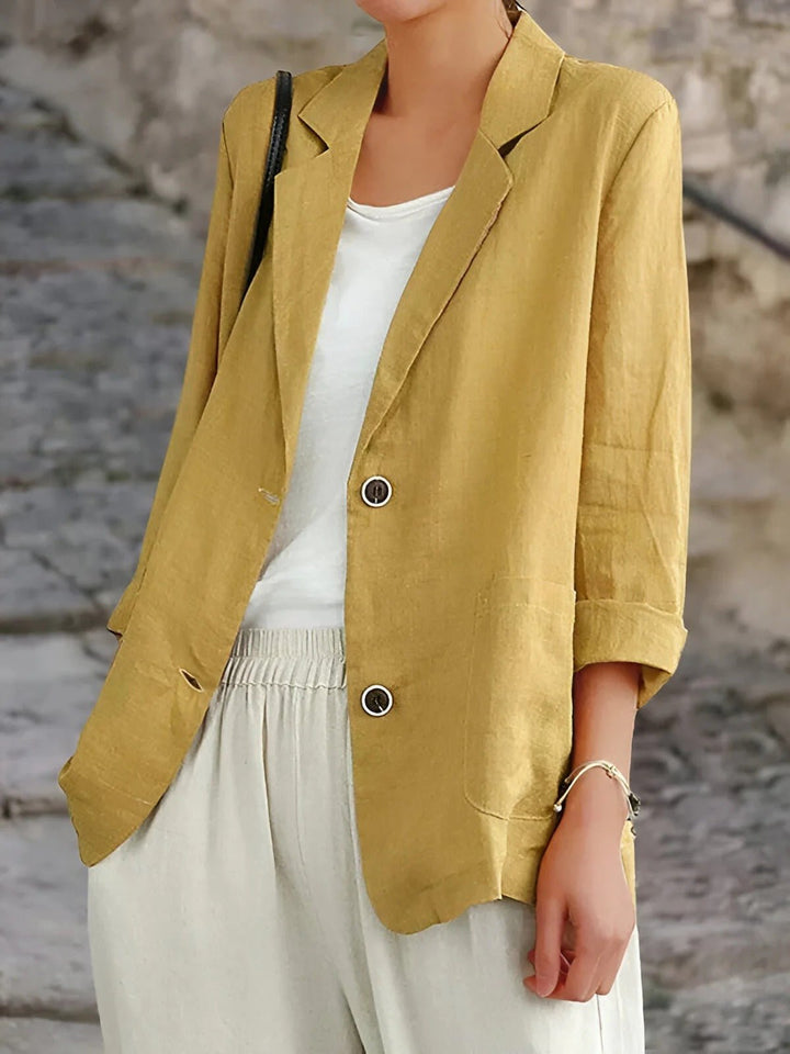 Patch Pocket Roll Sleeve Two Button Relaxed Fit Linen Blazer