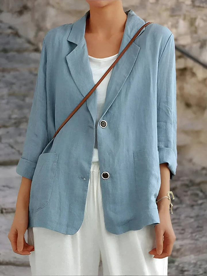 Patch Pocket Roll Sleeve Two Button Relaxed Fit Linen Blazer